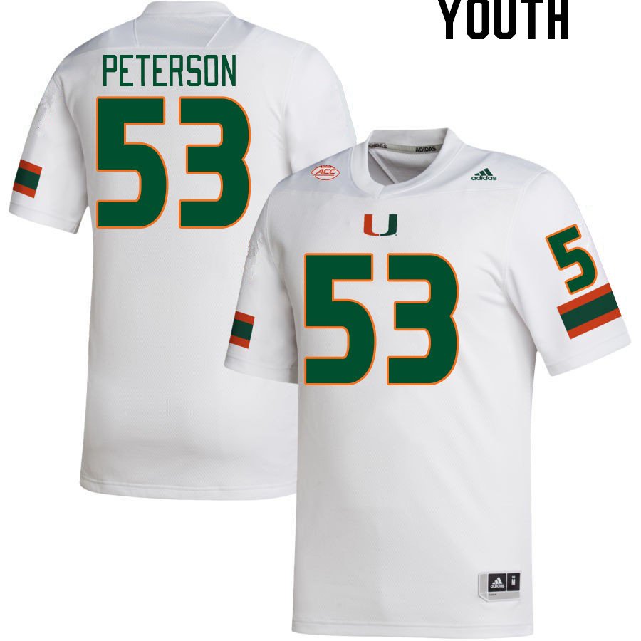 Youth #53 Lucas Peterson Miami Hurricanes College Football Jerseys Stitched-White - Click Image to Close